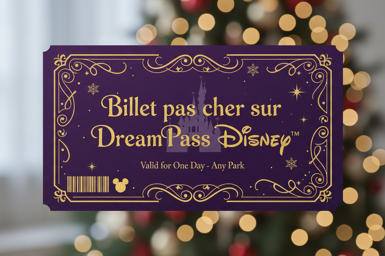 Fait moi une image d’un billet Disney couleur violet sombre et écrit billet pas cher sur DreamPass Disney™️